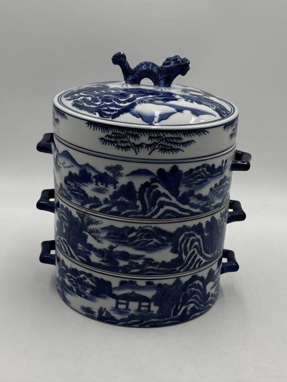 Vintage Bombay Company Blue & White Chinoiserie 3-Tier Stacking Porcelain Box